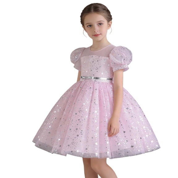 RMGVDSD Girls Birthday Dresses Sequin Pageant Princess Dresses With Puff Sleeves Tulle Tutu Flower Girl Dress Formal Wedding Party Gown Girls Dress Clothes