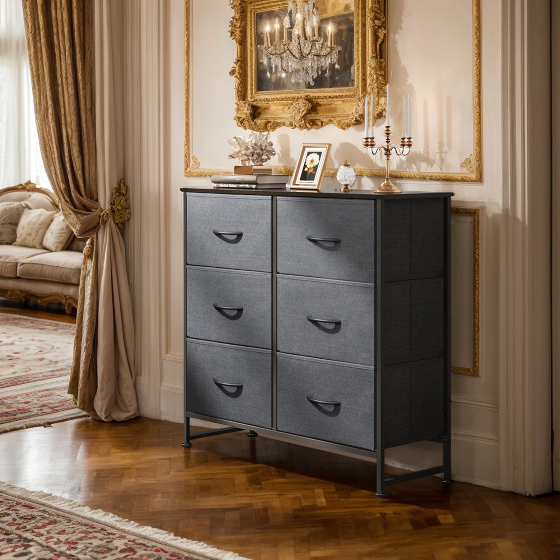 GALAXHERO 6 Drawer Fabric Dresser, Double Dresser with Storage Bins, Chest of Drawers for Bedroom, Living Room, Closet, Hallway, Dark Grey