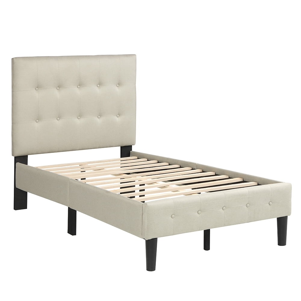 Kepooman Twin Size Upholstered Platform Bed Frame with Headboard, 79.7"L x 40.9"W x 49.2"H, Beige Kepooman Twin Size Upholstered Platform Bed Frame with Headboard, 79.7"L x 40.9"W x 49.2"H, Beige