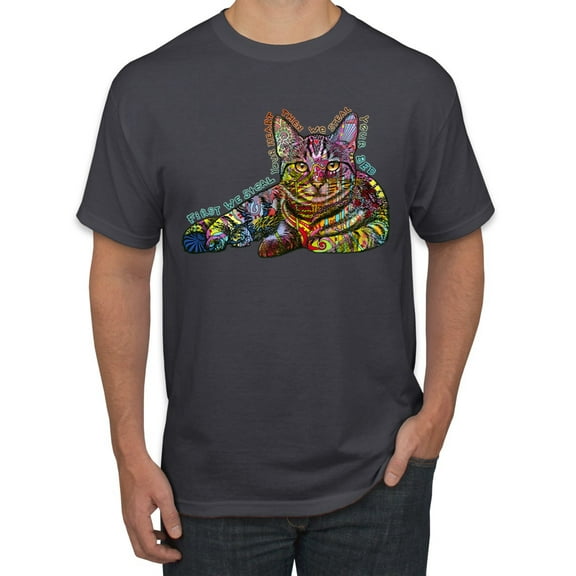 First We Still Your Heart Then Your Bed | Funny Neon Colorful Cat | Dean Russo Art Animal Lover Men's T-Shirt, Charcoal, 3X-Large