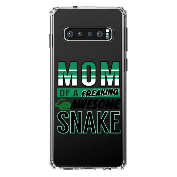 DistinctInk Clear Shockproof Hybrid Case for Samsung Galaxy S10  PLUS (6.4" Screen) - TPU Bumper Acrylic Back Tempered Glass Screen Protector - Mom of a Freaking Awesome Snake