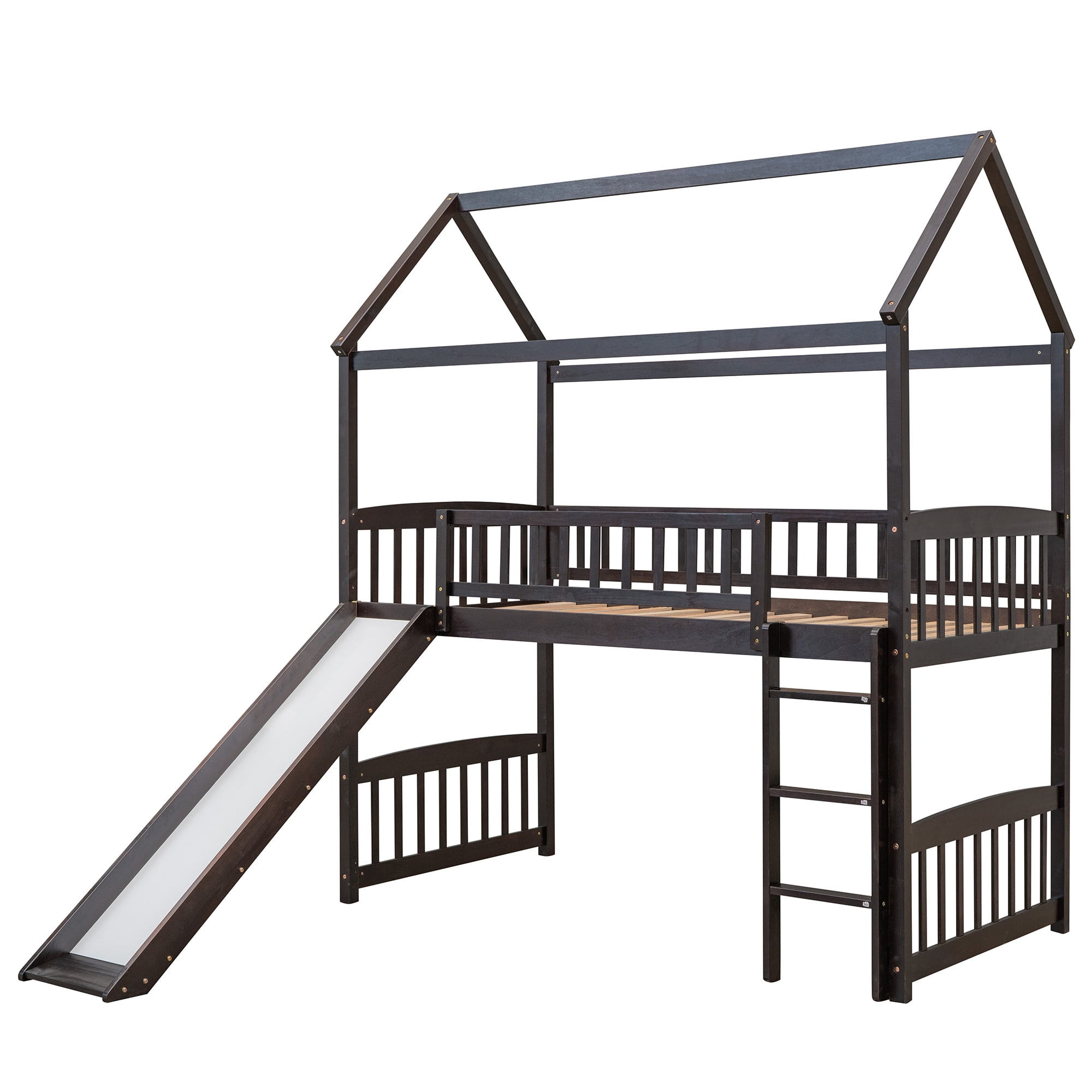 Aukfa Twin Loft Bed with Slide, House Bed with Headboard for Kids Teens Adults - Espresso