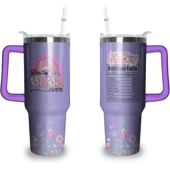 40oz Mother Tumbler with Handle and Straw, Mom Insulated Stainless Steel Cup, Travel Coffee Mug Water Bottle, Birthday Mothers Day Gifts for Women