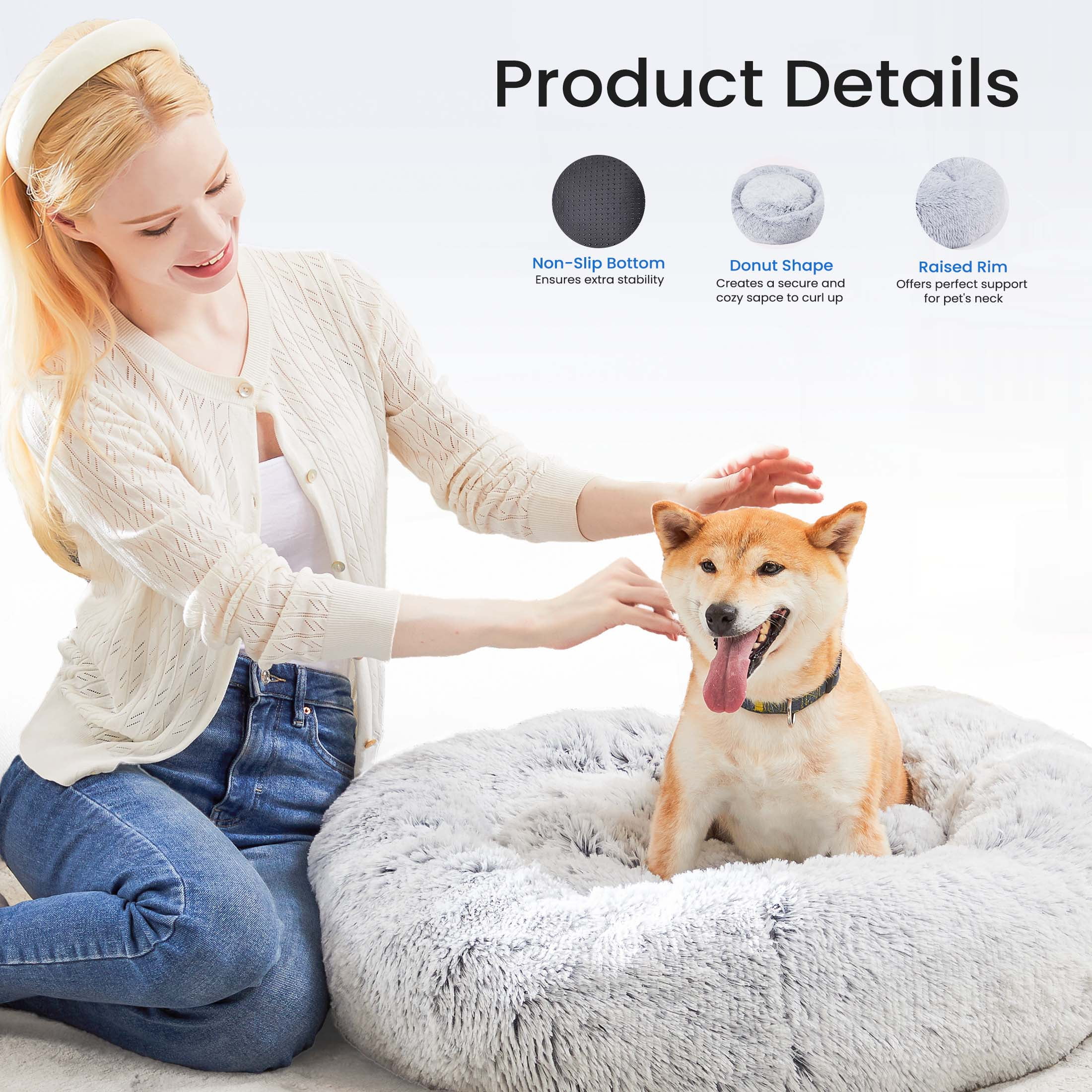 edx Calming 36" Donut Dog Bed for Extra Large Dogs, Soft Warm Cozy Plush Round Fluffy, Machine Washable, Gray