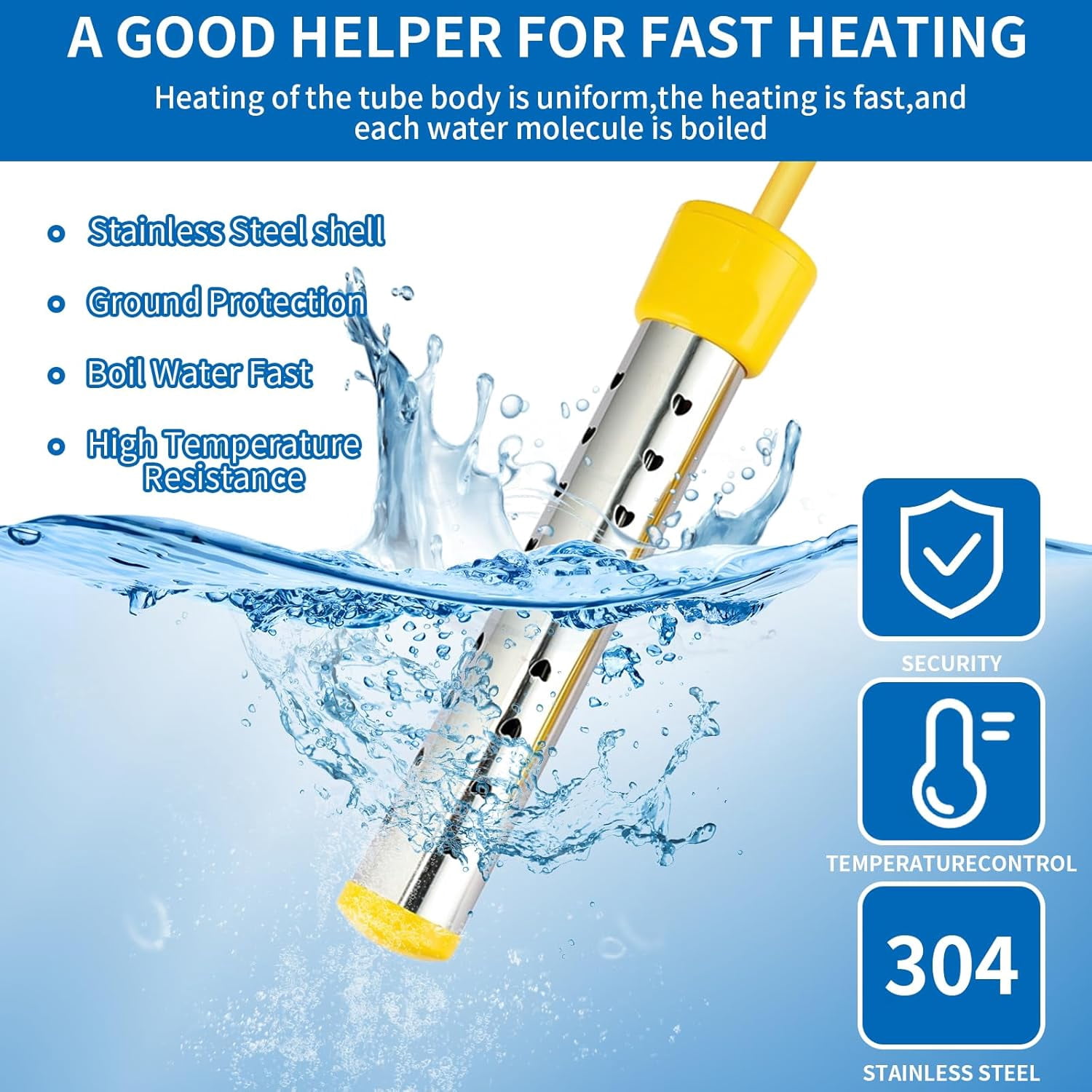 2 Pcs Immersion Water Heater,Anti-scalding Bucket Heater,Quick Heating Immersion Heater for Indoor & Outdoor(Yellow,1500W)