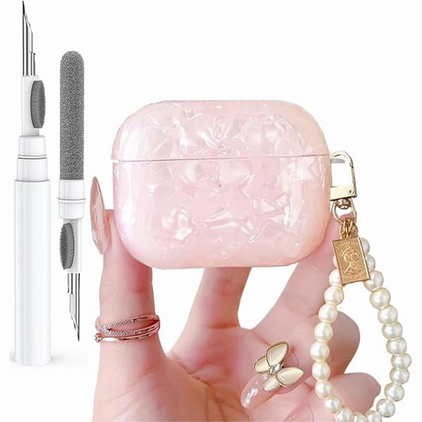 wonima44 for Cute Glitter Airpods Pro 2nd/1st Generation Case with Cleaner Pen, Shell Pattern Airpods iPod Pro 2 Gen Cover Protective Skin Girl Women with Luxury Pearl Keychain 2023/2022/2019 - Pink
