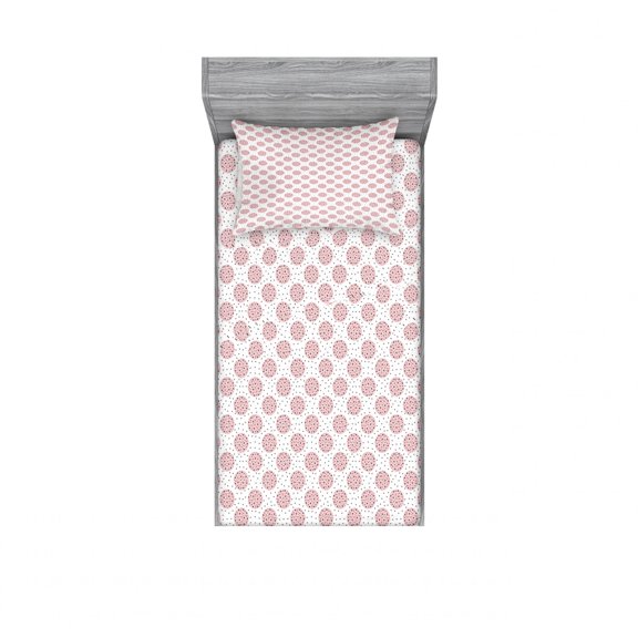 Abstract Bedding Set with Sheet & Covers, Geometric Pattern with Repeating Big and Small Circles on White Backdrop, Printed Bedroom Decor 2 Shams, 4 Sizes, Pale Pink and Grey, by Ambesonne