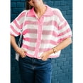 thumbnail image 2 of Women Summer Striped Crochet Cardigan Sweater Half Sleeve Button Up Top, 2 of 6