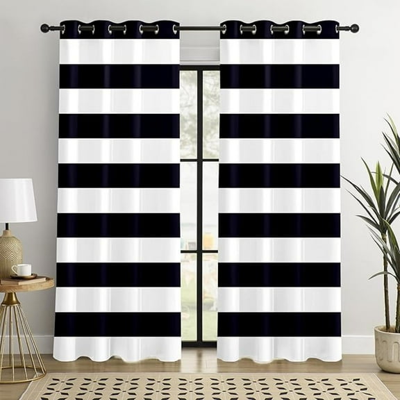 Black And White Horizontal Stripe Blackout Curtains For Bedroom – 100% Blackout, Thermal Insulated, Noise Reducing, Energy Saving, Modern Minimalist Window Drapes 53"W x 84"L (Pack of 2)