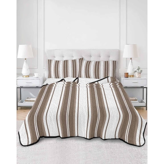 Quilts Queen Size, Brown Striped Soft Comforter Bedding Set for Bed, Modern Thin Line Vertical Stripes Lightweight Quilted Bedspread with Pillow Cover(2 Pieces) for All Season, 90x96 Inch