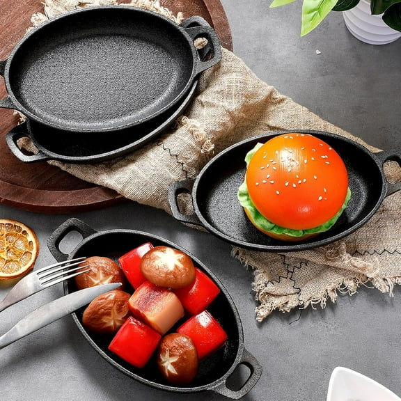 8 Pcs Oval Cast Iron Skillet Baking Pan Sizzling Plate Matte Black for Home Restaurant Kitchen Barbecue