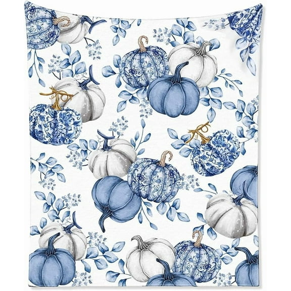 Thanksgiving Pumpkins Throw Blanket Chinoiserie Blue and White Pumpkins Blanket Thanksgiving Soft Cozy Friends Gifts for Living Room Couch Bed Chair or Dorm