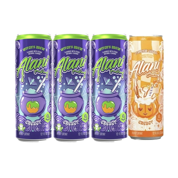 Alani Nu Energy Drinks Variety Pack Witch's Brew, Pumpkin Cream, Zero Sugar, Low Calorie, Energy Boost Drinks 12 oz (4 Pack)