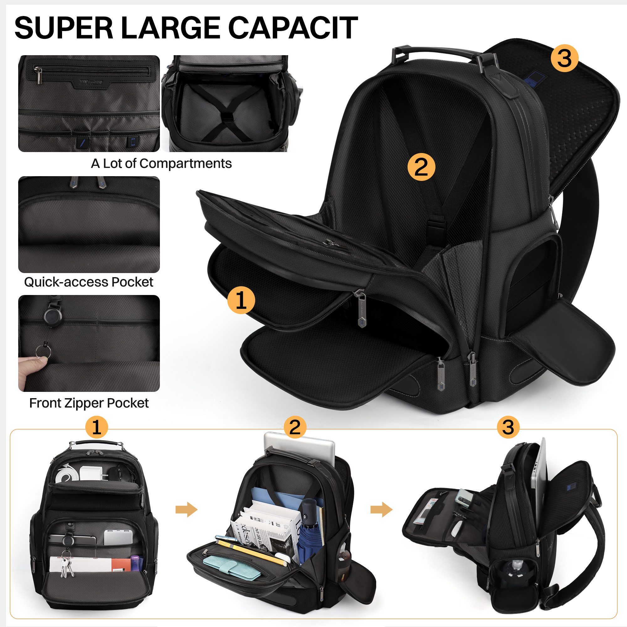 Laptop Backpack for Men Carry On Business Travel Backpack Large Casual Work Daypack Computer Bag Fits 15.6" Laptop, Black, B00492