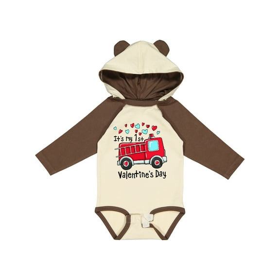 Inktastic It's My 1st Valentine's Day Fire Truck Boys or Girls Long Sleeve Baby Bodysuit