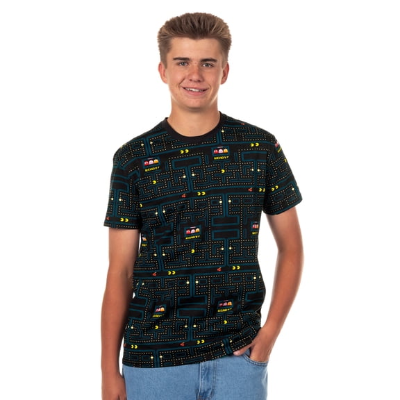 Pac-Man Men's Graphic T-Shirt Classic Arcade Video Game Board All Over Print Crew Neck