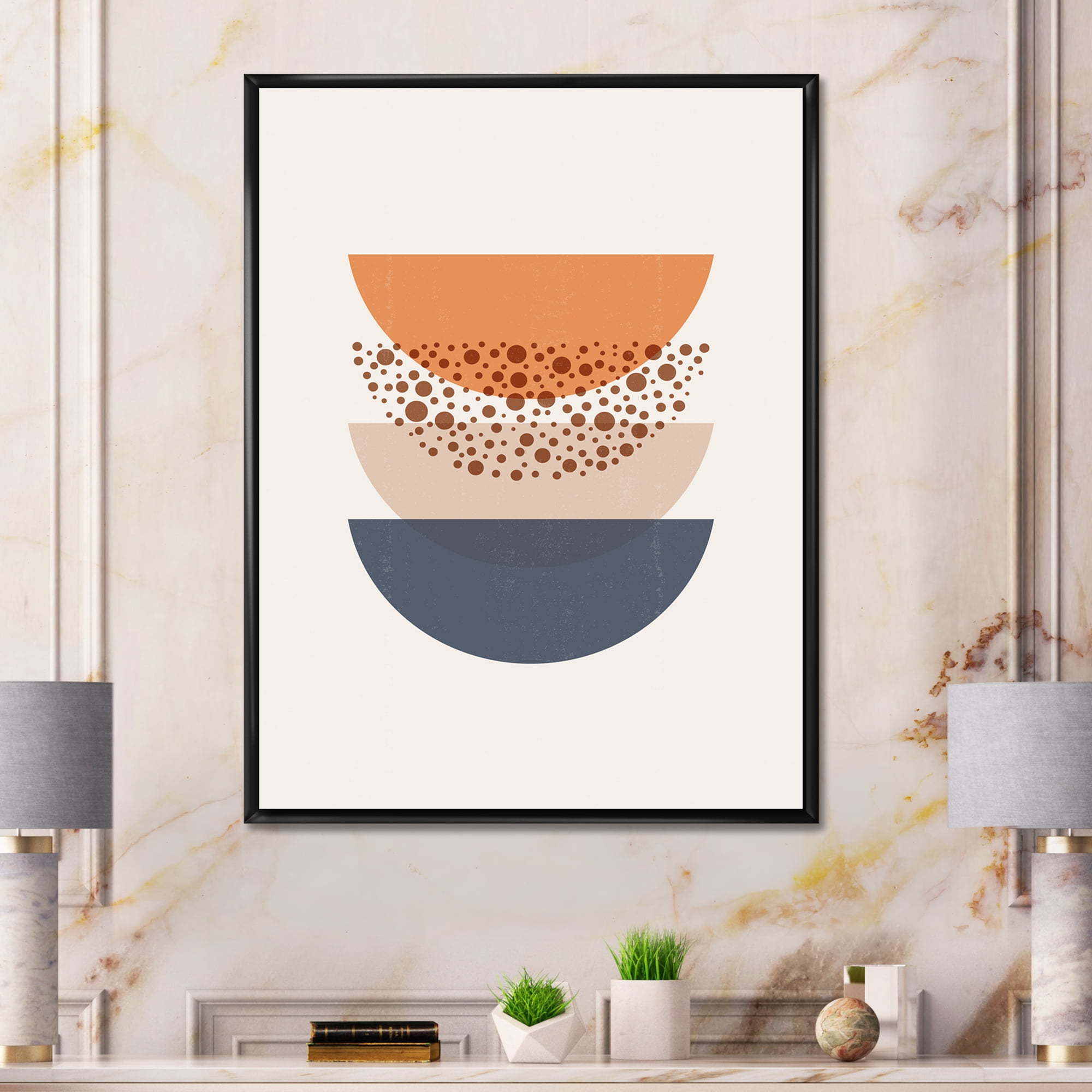 Designart 'Abstract Moon and Sun Geometrics In Blue & Orange' Modern Framed Canvas Wall Art Print