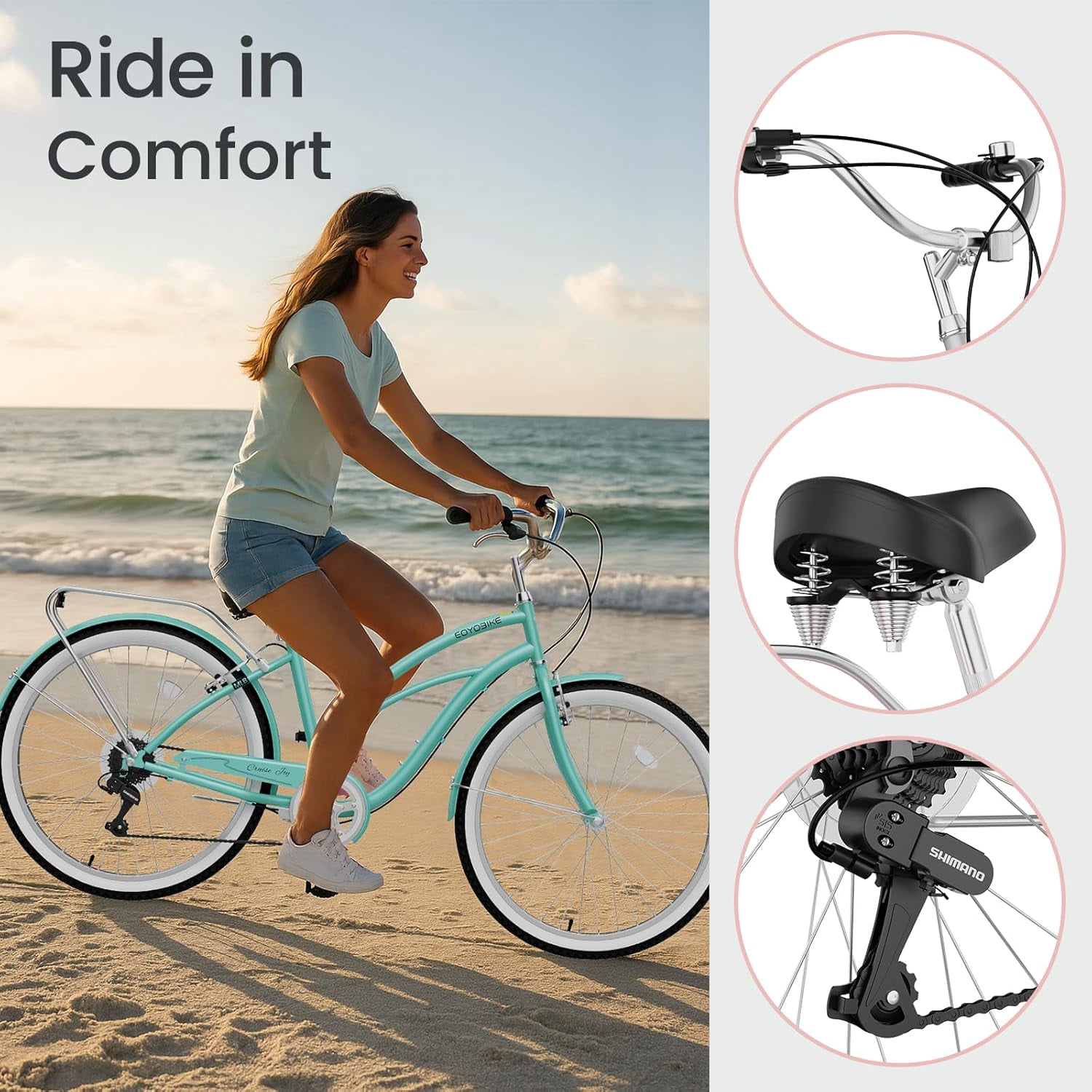 ABORON 26" Beach Cruiser Bike Women, Lightweight Adult Cruiser Bike with Rack, 7-Speed Cruiser Bicycle for Commuting, Carbon Steel Frame Commuter Bicycle