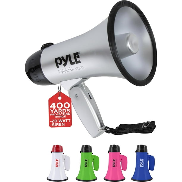 Megáfono Altavoz Portátil 20W Pyle, Alerta de Voz y Sirena, Megáfono de 13.7 cm x 21.8 cm, Alcance de Proyección hasta 750 Metros, Incluye Correa para Hombro, Funciona con Pilas, Plateado