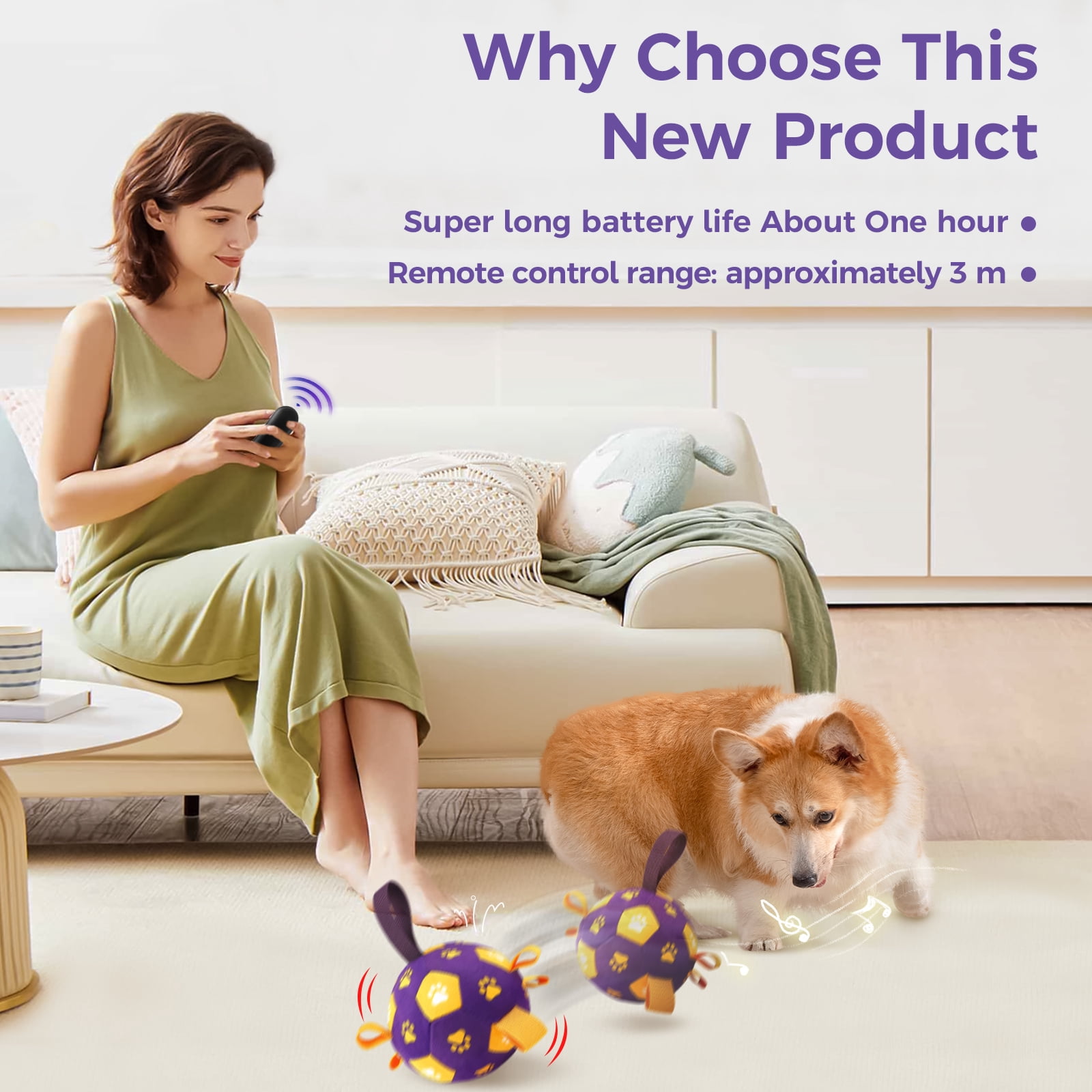 QDAN Interactive Dog Toys Ball with Straps, Rechargeable Moving & Vibrating Smart Ball for Dogs, with Recording & Music Modes, Fun Dog Chase Toy to Keep Small & Medium Dogs Busy – Purple & Yellow