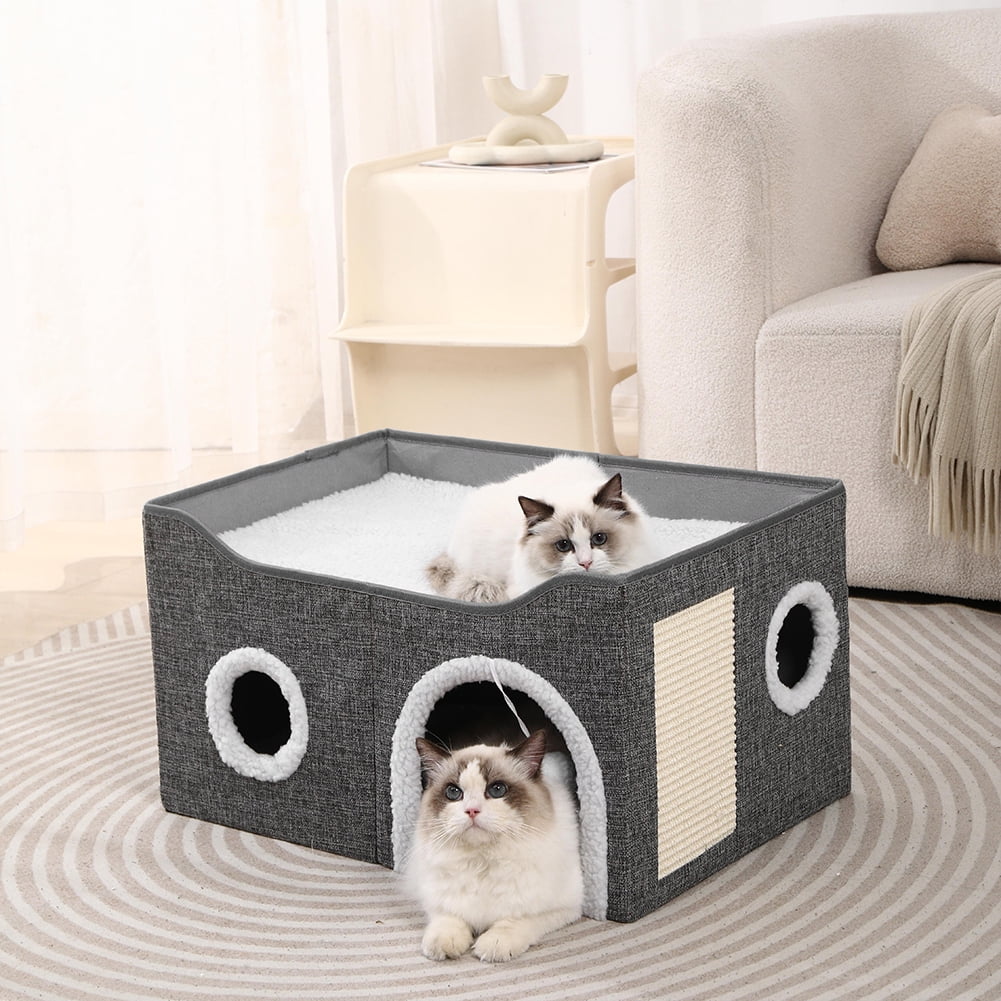 Large Cat Bed Cave Cat Hideaway, Foldable Cat Scratcher House, Big Cat Bed for Idoor, Cute Cave with Ball Toy, Fabric Pet Furniture, Big Condo for Multi Small Pet Large Kitten Kitty