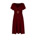 thumbnail image 3 of Jzuxvd Women's Solid V-neck Short Sleeved Comfortable Loose Fitting Dress Wine S, 3 of 4
