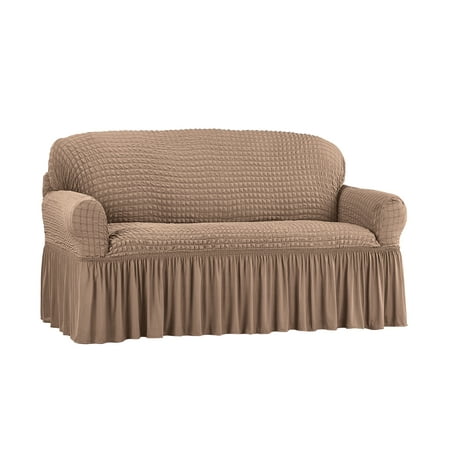 Collections Etc Textured Squares Ruffled Slipcover Taupe Loveseat