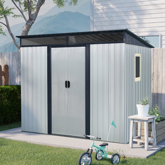 Alvantor Outdoor Storage Shed 8 x 6 Ft Metal Garden Shed with Window and Transparent plate for Backyard, Garden White