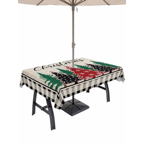 Outdoor Tablecloth with Umbrella Hole and Zipper, Christmas Trees Rectangle Table Cloth 60x84 Inch Waterproof Tablecloth, Xmas Snowflake Retro Black White Checkered Picnic Table Cover for Patio