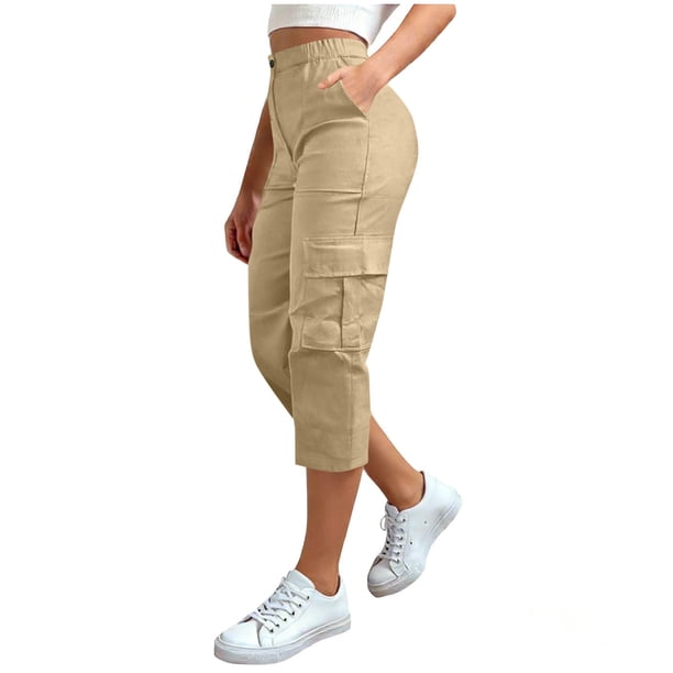 TaTaai Women Elastic Waist Solid Cargo Capri Pants Button Zipper Pockets Outdoor Hiking Casual Daily Lounge Wear Soft Stretchy No Fading Versatile Bottoms Gift