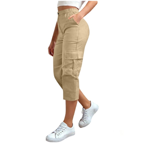 Hueook Capri Pants for Women Workout Pants Women Cargo Women Solid Color with Elastic Waist Casual Clothes Pockets Full Length Capris Pants Khaki 2X