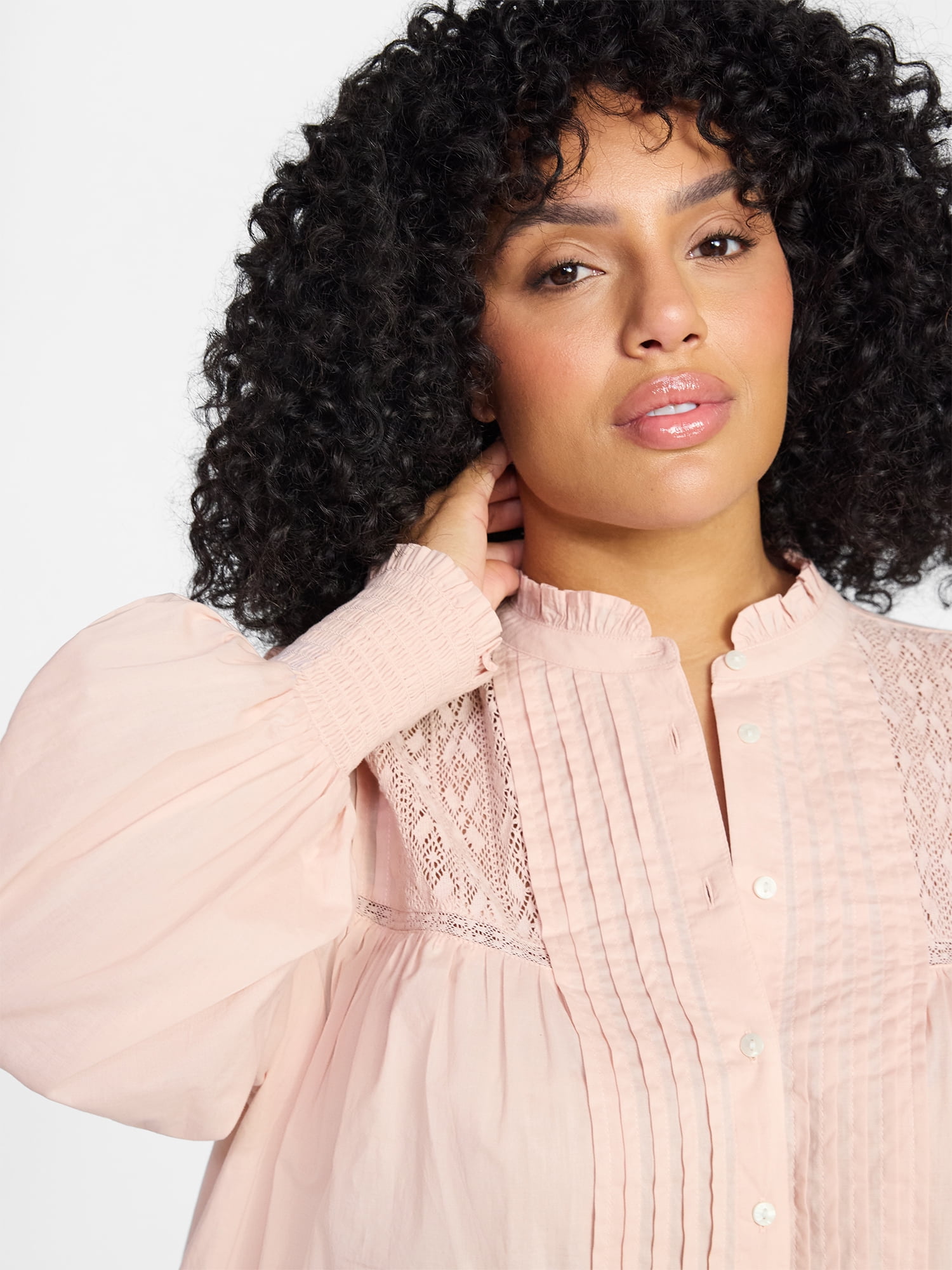 Terra & Sky Women's Plus Size Lace Inset Blouse with Long Sleeves, Sizes 0X-5X