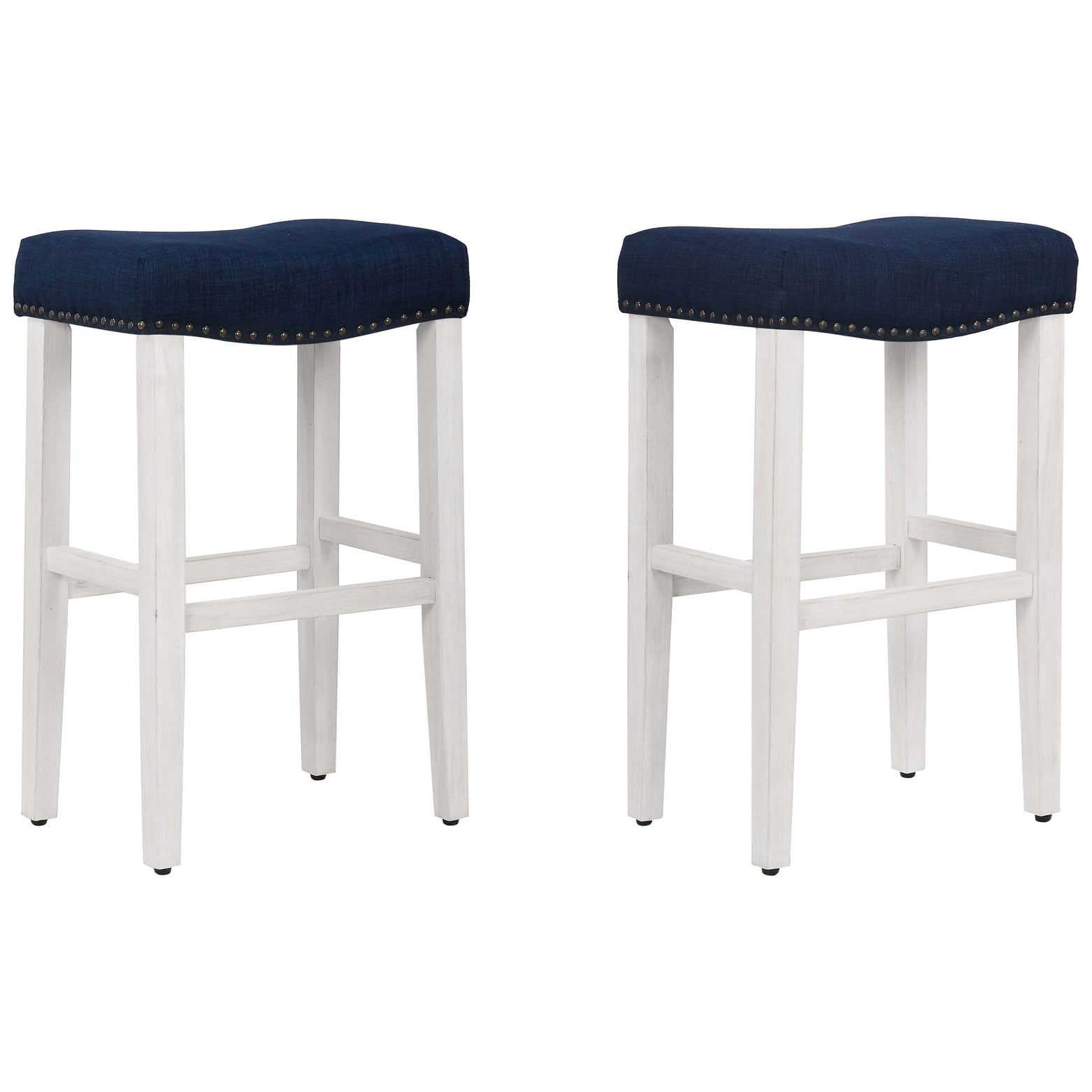 Polytrends Jameson Upholstered Polyester 29" Bar Stool with White Legs - (Set of 2) Antique White/Navy Blue