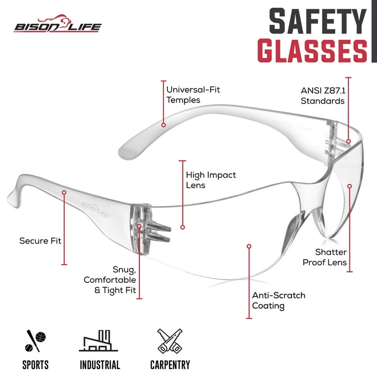 Bison Life Clear Safety Glasses Pack of 12 ANSI Z87.1 Scratch Impact Resistant Polycarbonate Lens One Size Wrap Around Eyewear