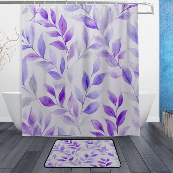 TTYFWHD 60" x 72" Shower Curtain and Bath Mat Set Lilac Foliage Doodles Waterproof Bathroom Curtain with 12 Hooks, Bathroom Decor Set
