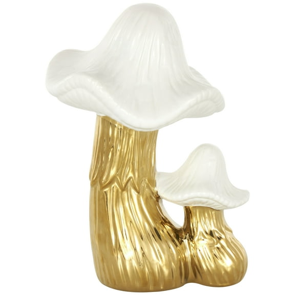 7" x 10" Gold Ceramic Mushroom Sculpture with White Tops and Textured Grooves, by DecMode