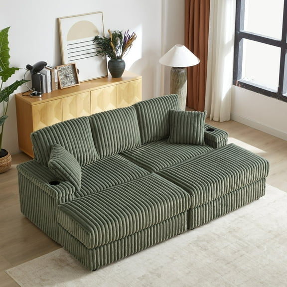 84Inch Corduroy 3-Seater Sofa with 3 Back Pillows ,2 Toss Pillows , 2 Ottoman ,2Storage Spaces and Cup-Holding Grooves Comfy Sofa- Deep Seat Couch for Living Room (Green)