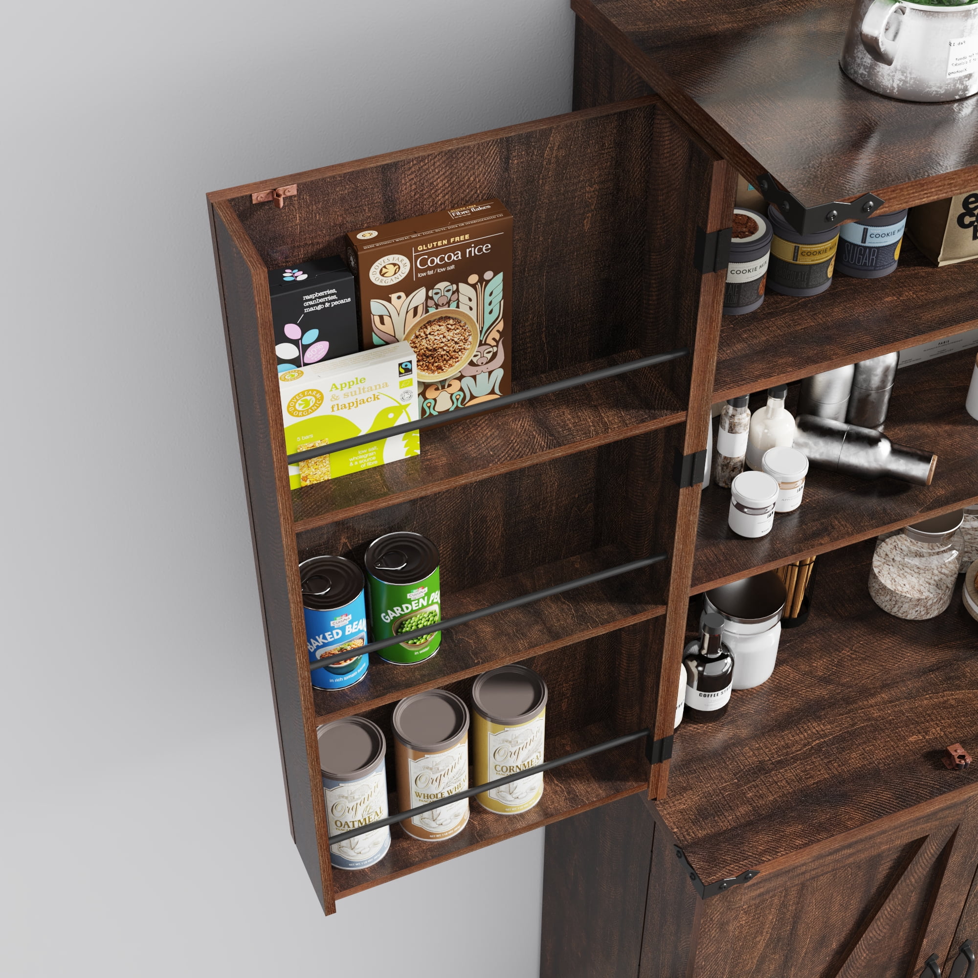ChVans Farmhouse 71" Tall Kitchen Pantry with 12 Hanging Shelves, 4 Barn Doors Pantry Storage Cabinet with Load-Bearing Steel Pipe and Adjustable Shelves for Kitchen, Dining Room, Living Room, Brown