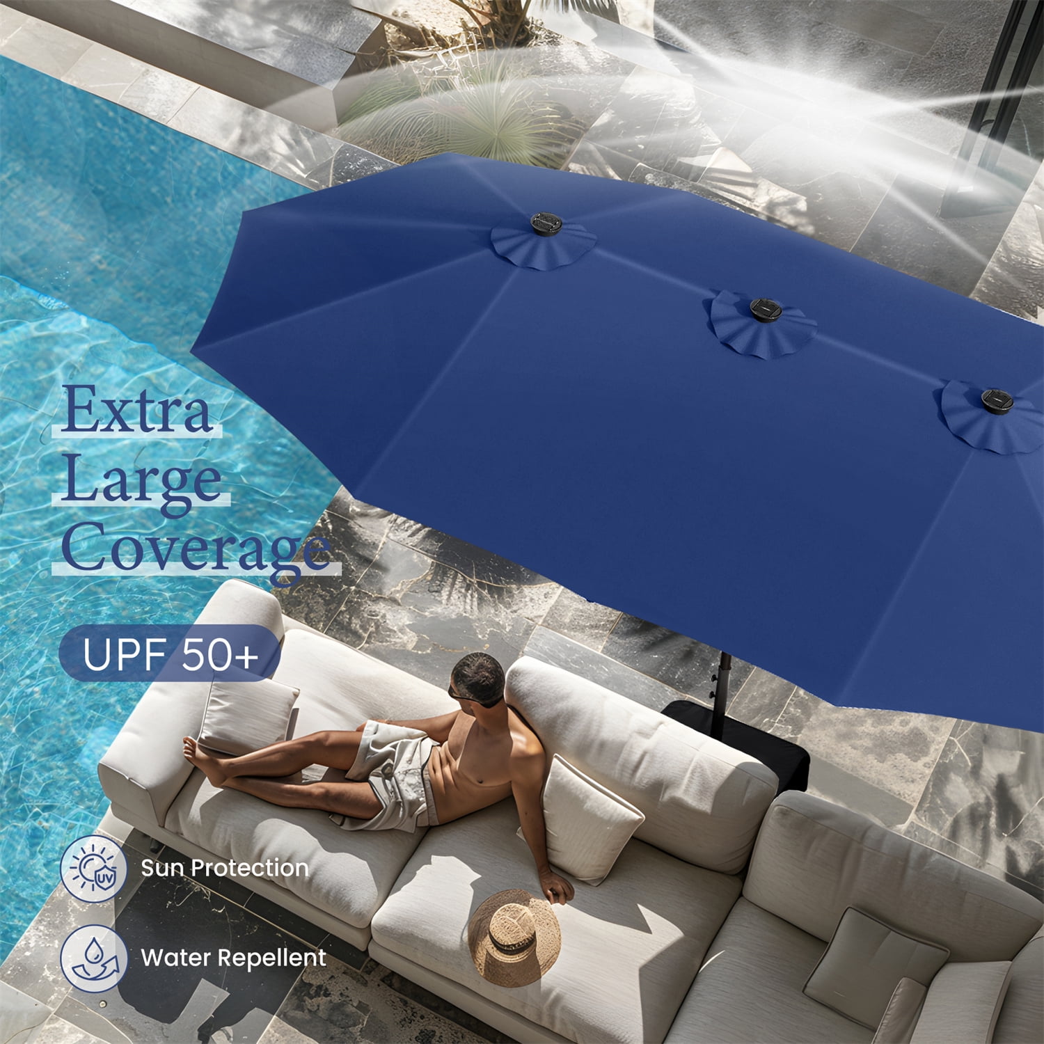 SUMMIT LIVING 15 FT Double-Sided Solar Patio Umbrella with Base Large Outdoor Umbrella with LED Solar Lights - Haze Blue