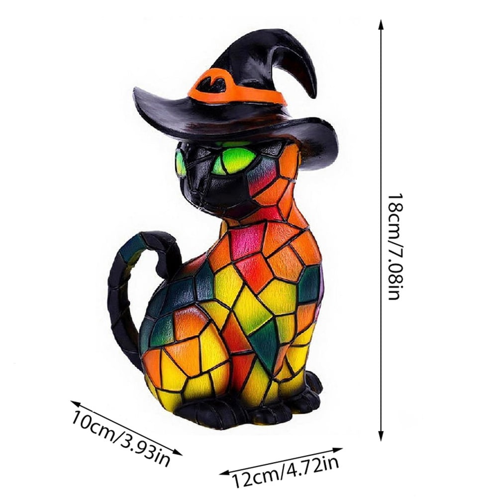 Halloween Theme Cat Lantern - Stained Resin Pumpkin Cat Night Light, 3D Cat Wear Witch Hat Bedside Lamp