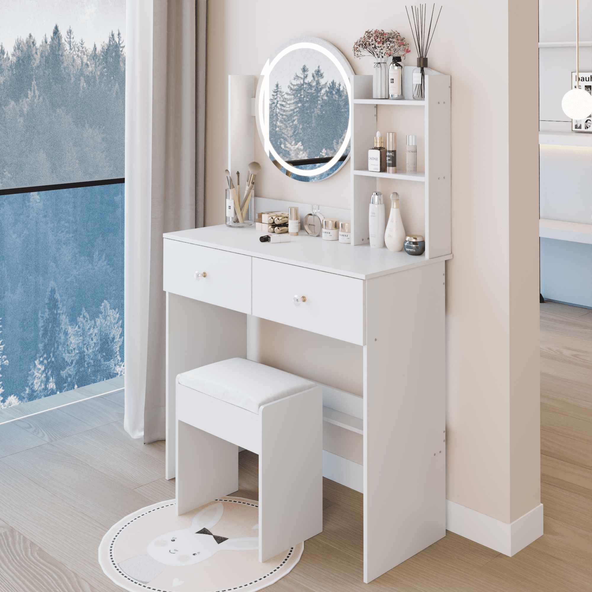 Leumius Makeup Vanity Desk with Mirror and Lights,Dressing Table with 2 Drawers,3 Color Lighting Brightness,Multi-layer High Capacity Storage Makeup Table for Bedroom,White