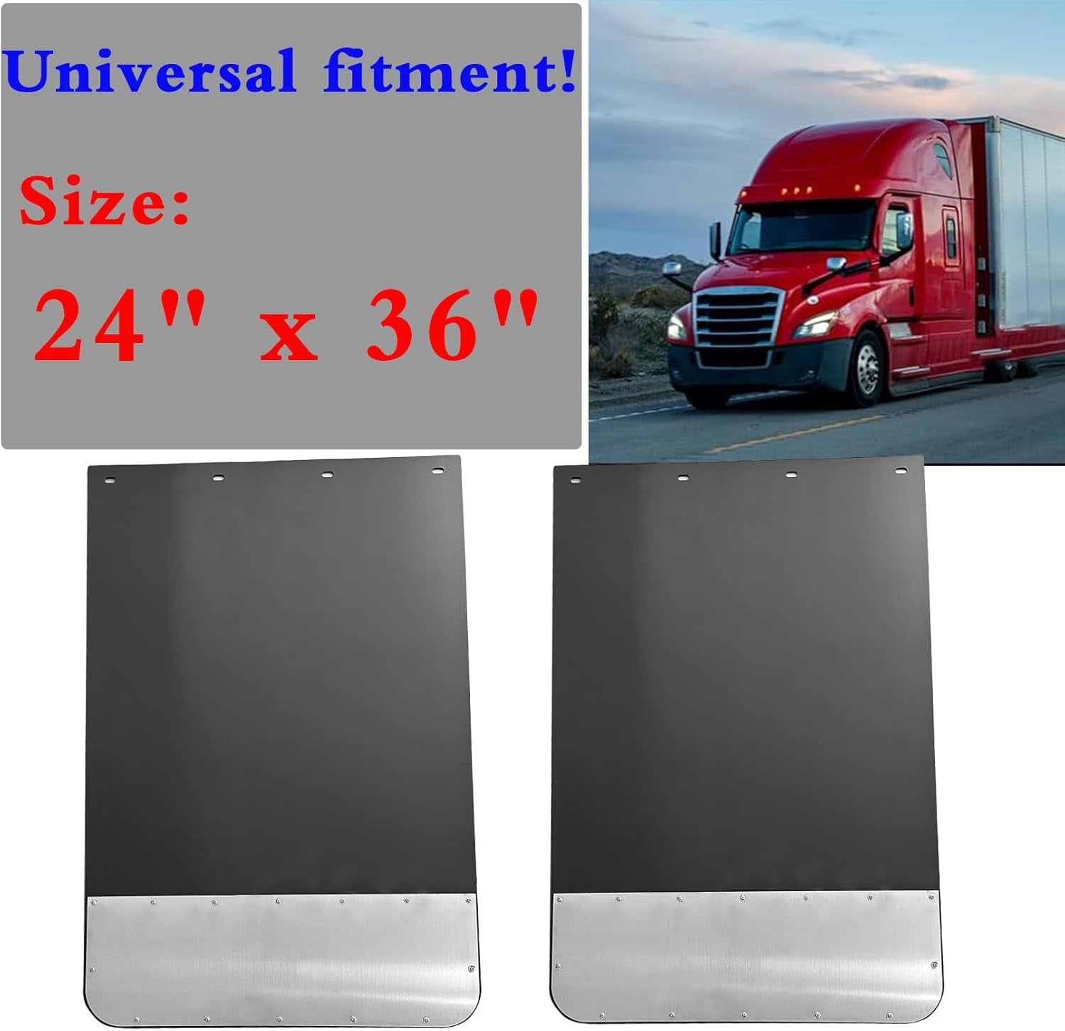 Pair Universal 24"x36" Mud Flaps w/Stainless Steel Plates & Weights for Semi-Truck Trailer Truck, Heavy Duty Splash Guard with Mud Flap Bottom Chrome for Peterbilt Kenworth Volvo (24in x 36in)