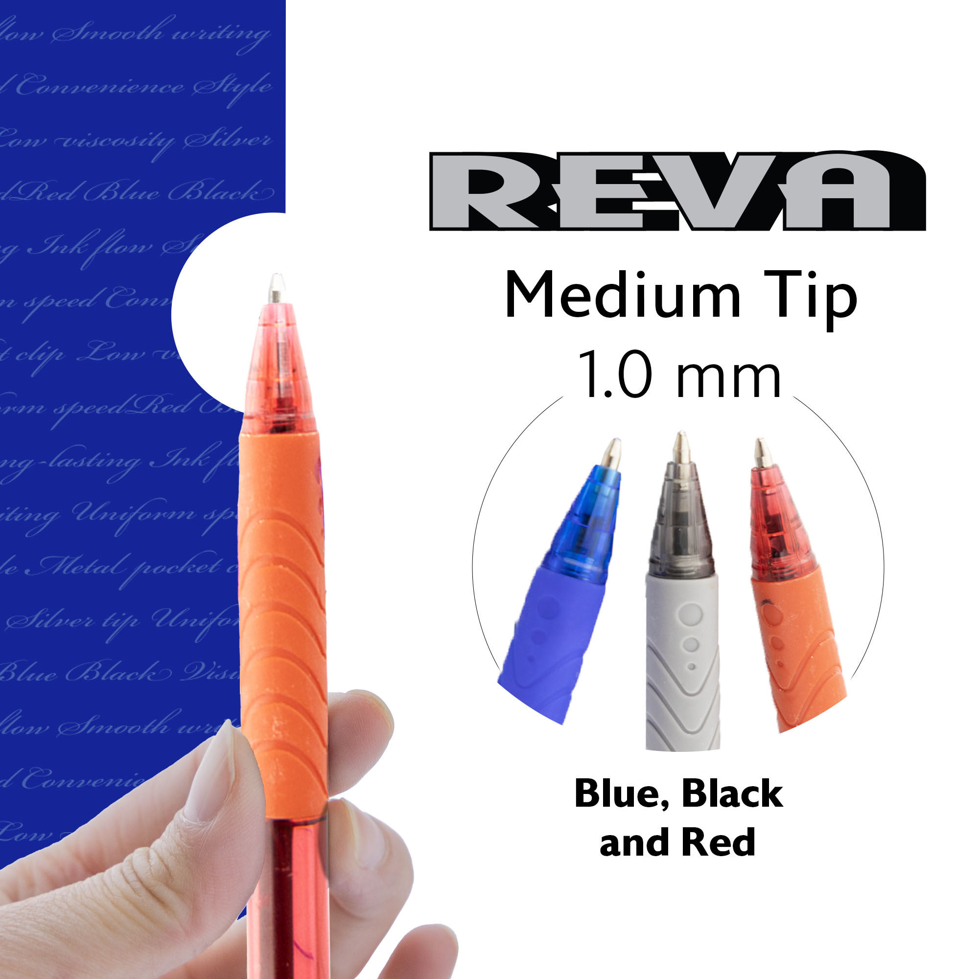 BAZIC Reva Ballpoint Pen Assorted Colors Ink, Retractable Pens Cushion Grip, 1.0 mm Medium Point (8/Pack), 24-Pack