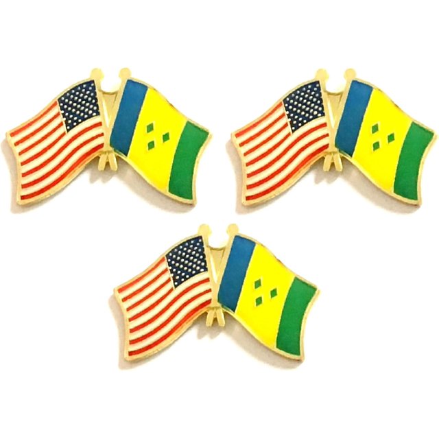 Lot de 3 Épingles à Col Double Drapeau National & Croisé US, Badge d'Amitié International & Américain (St Vincent)