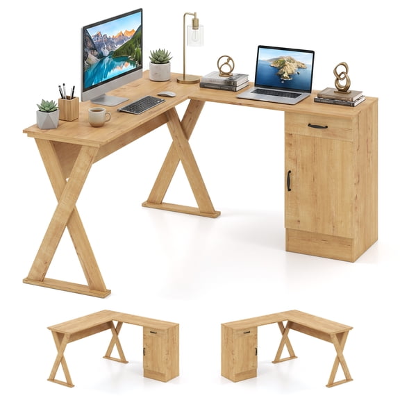 Gymax L-Shaped Computer Desk w/ Reversible Drawer & Cabinet X-shaped Structure Natural