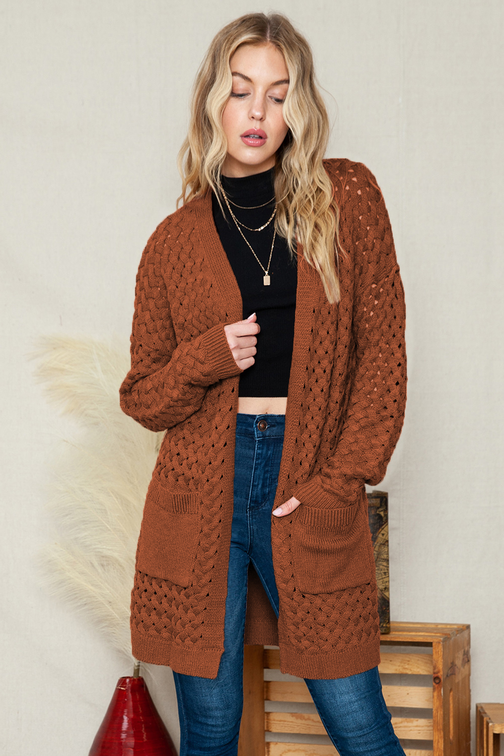 SHEWIN Women's Oversized Cardigan with Pockets, Long Sleeve photo 8