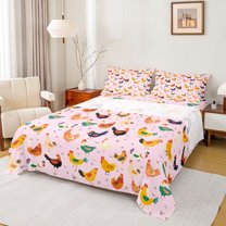 Feelyou Farm Rooster Teens Bed Sheets, Rustic Chinken King Sheets, 4pcs