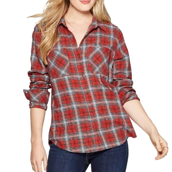 Universal Thread Women's Plaid Flannel Tunic Top Shirt, Red Rusty 