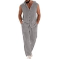 thumbnail image 2 of VBTAPA Cotton Linen 2 Piece Sets for Men Button Down Sleeveless Hoodie Shirts and Pants Lounge Matching Set Loose Fit Casual Vacation Outfits Dark Gray M, 2 of 9