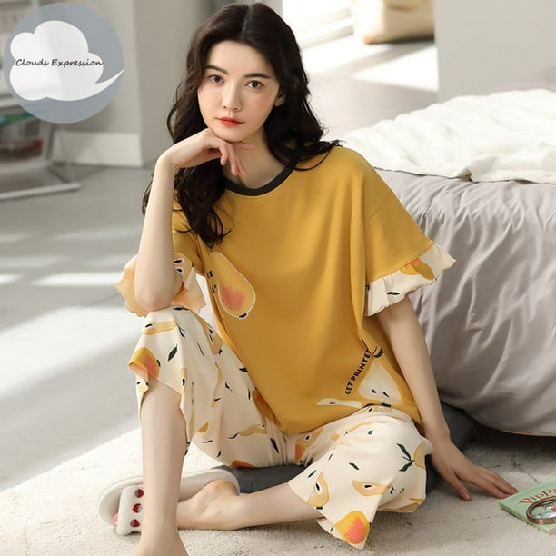 QWZNDZGR Summer Knitted Pajamas Sets Women Sleepwear Nightwear Pijama Mujer Plus Size Calf-Length Pants Homewear -